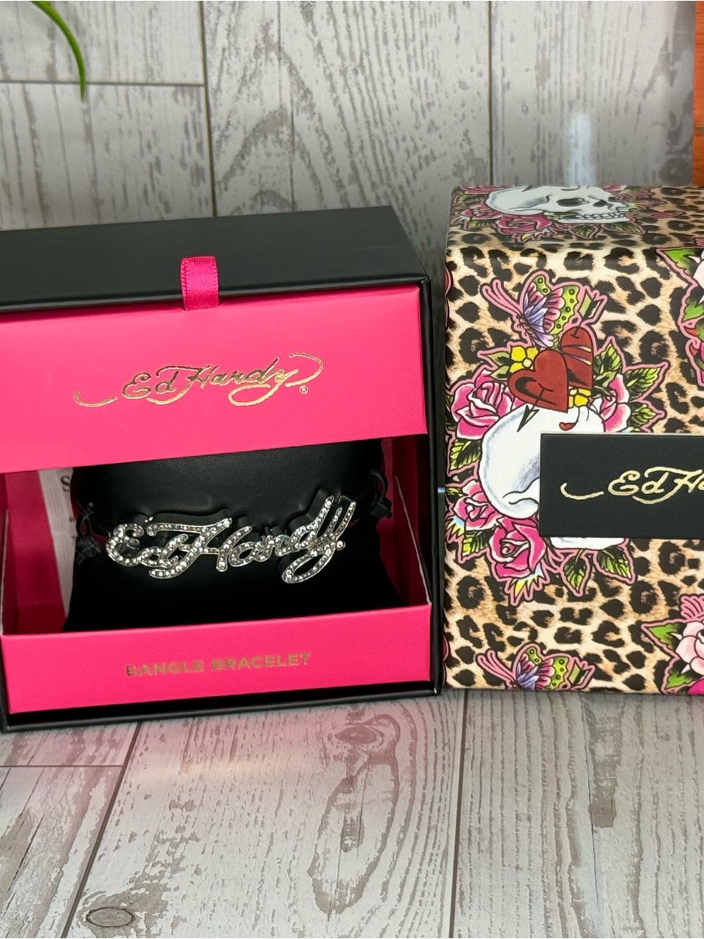 Ed Hardy Crystal Signature Bangle Bracelet - Black and Silver